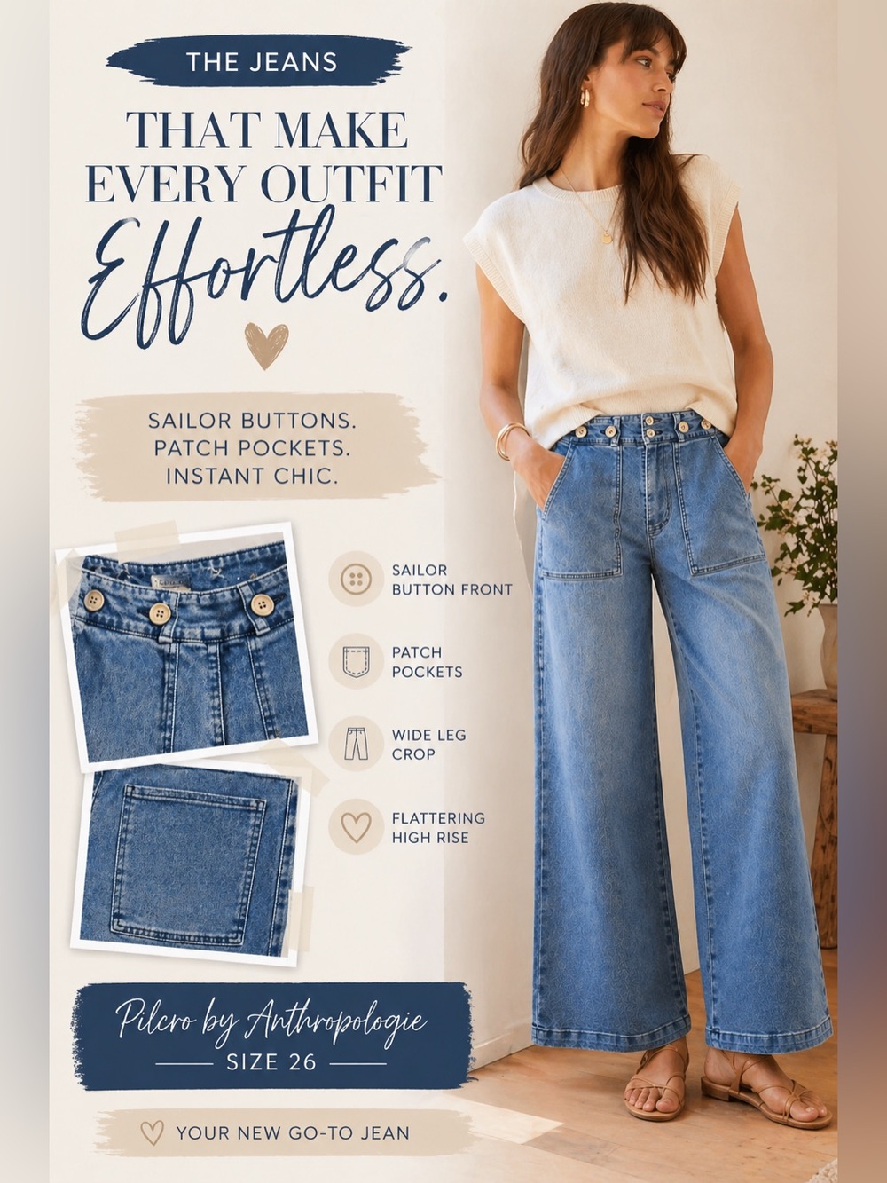 Pilcro Anthropologie High Rise Trending Sailor Style Wide Leg Crop Jeans 26 - Picture 4 of 9